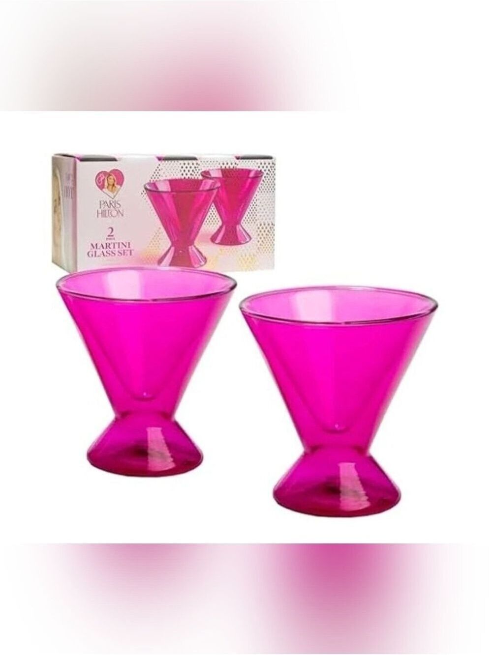 Paris Hilton 2-Piece Martini Glass Set, Double Wall Glass Design, Hot Pink, 7 oz